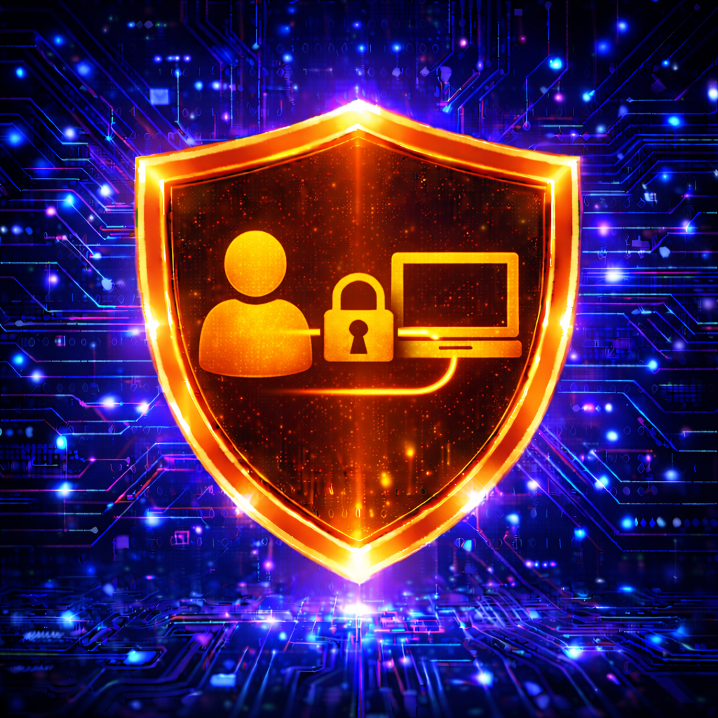 Orange cybersecurity shield with user, lock, and computer icons on a glowing blue digital background