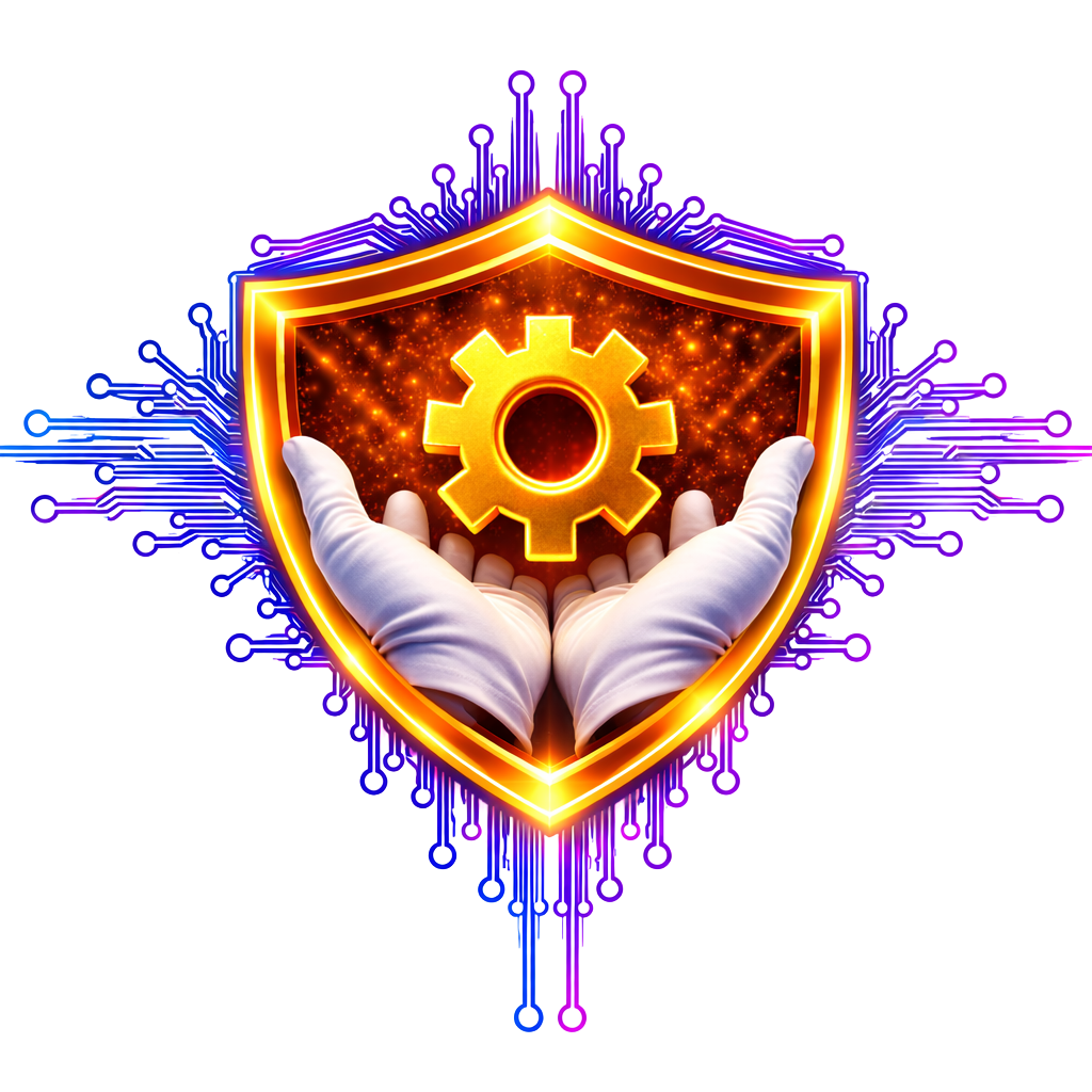 Hands holding a glowing orange gear inside a shield, with purple circuit lines around it.