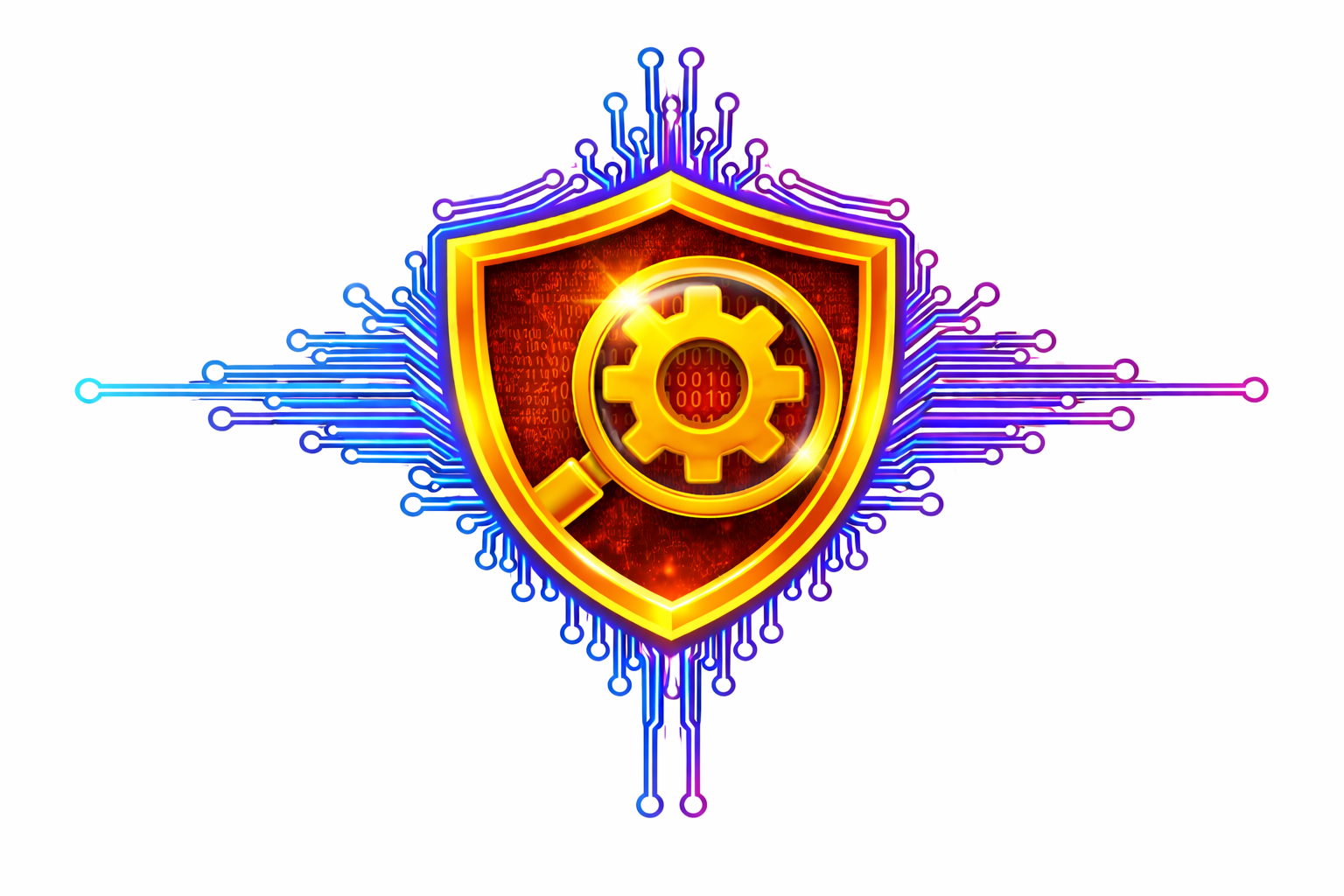 Glowing shield with gear emblem, surrounded by blue and purple circuit lines on a white background