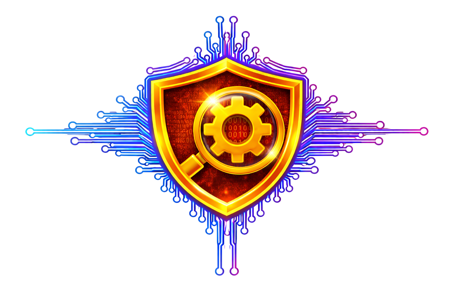 Glowing orange shield with a gear icon, framed by blue and purple circuit lines on white background