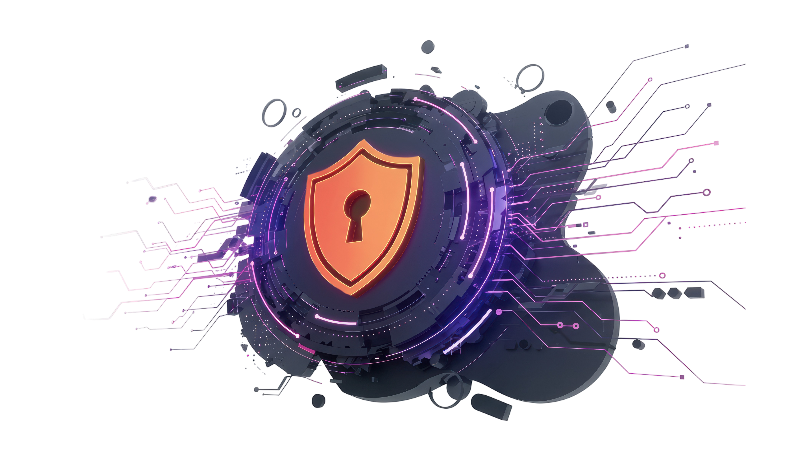 Orange shield with a keyhole centered on a purple digital security background, with circuit-like lines around it