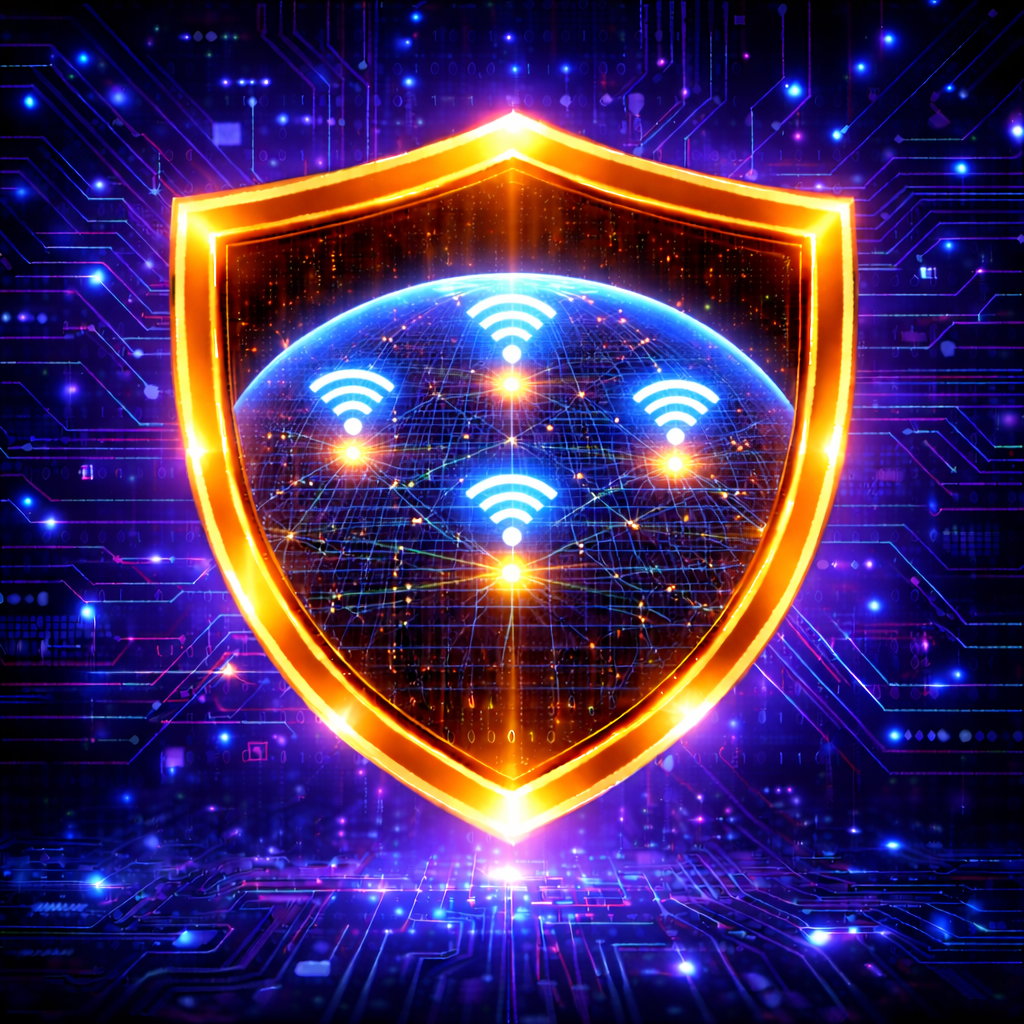 Glowing gold shield with Wi‑Fi symbols on a blue digital circuit background