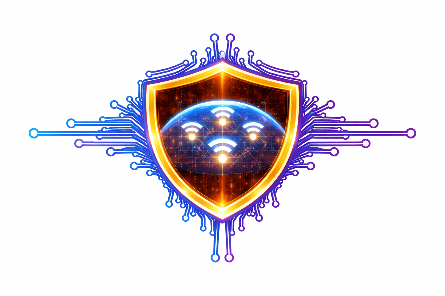 Glowing shield emblem with a circuit board outline and Wi‑Fi symbol in blue and orange