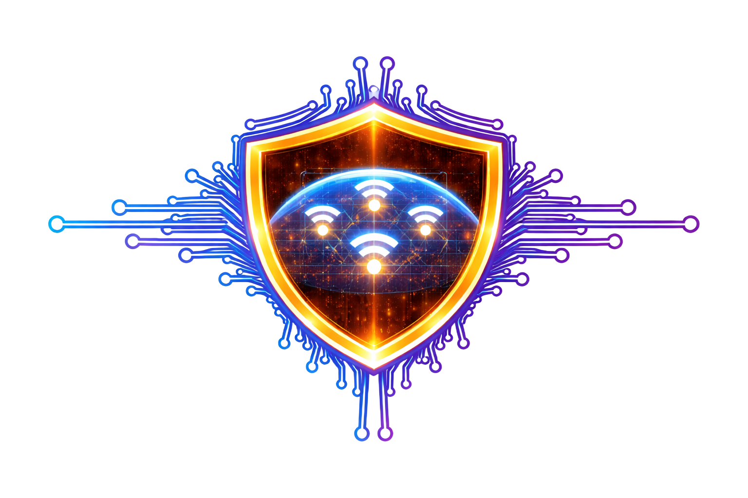 Glowing shield logo with a smiling face, surrounded by purple circuit lines on a white background