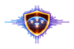 Glowing shield emblem with a digital face, surrounded by purple circuit lines on a white background