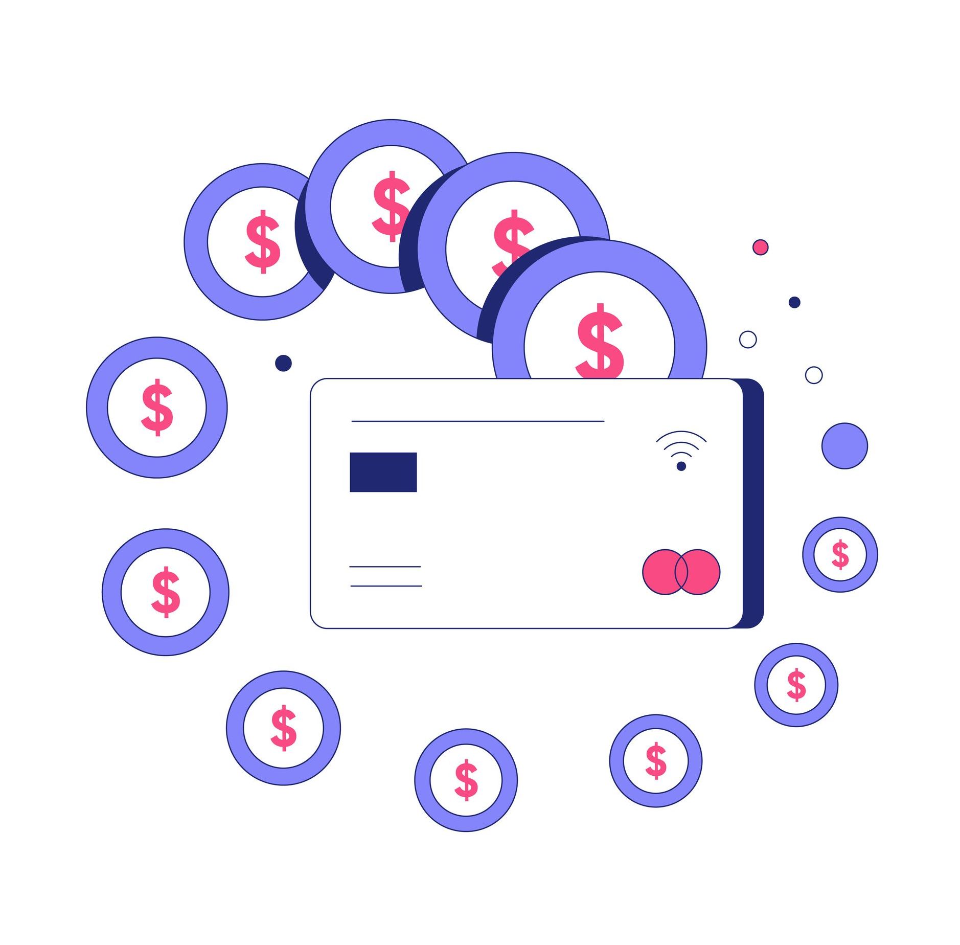 A credit card is surrounded by coins and a wallet.