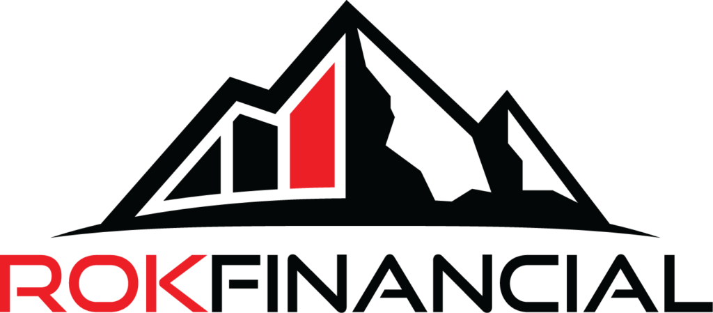 The rokfinancial logo is a mountain with a graph on it.