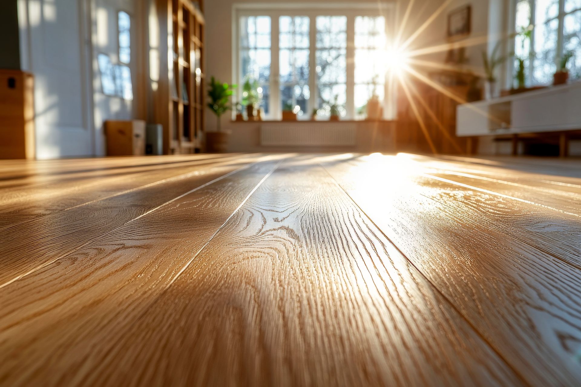 Le soleil brille à travers les fenêtres sur un plancher en bois dans un salon.