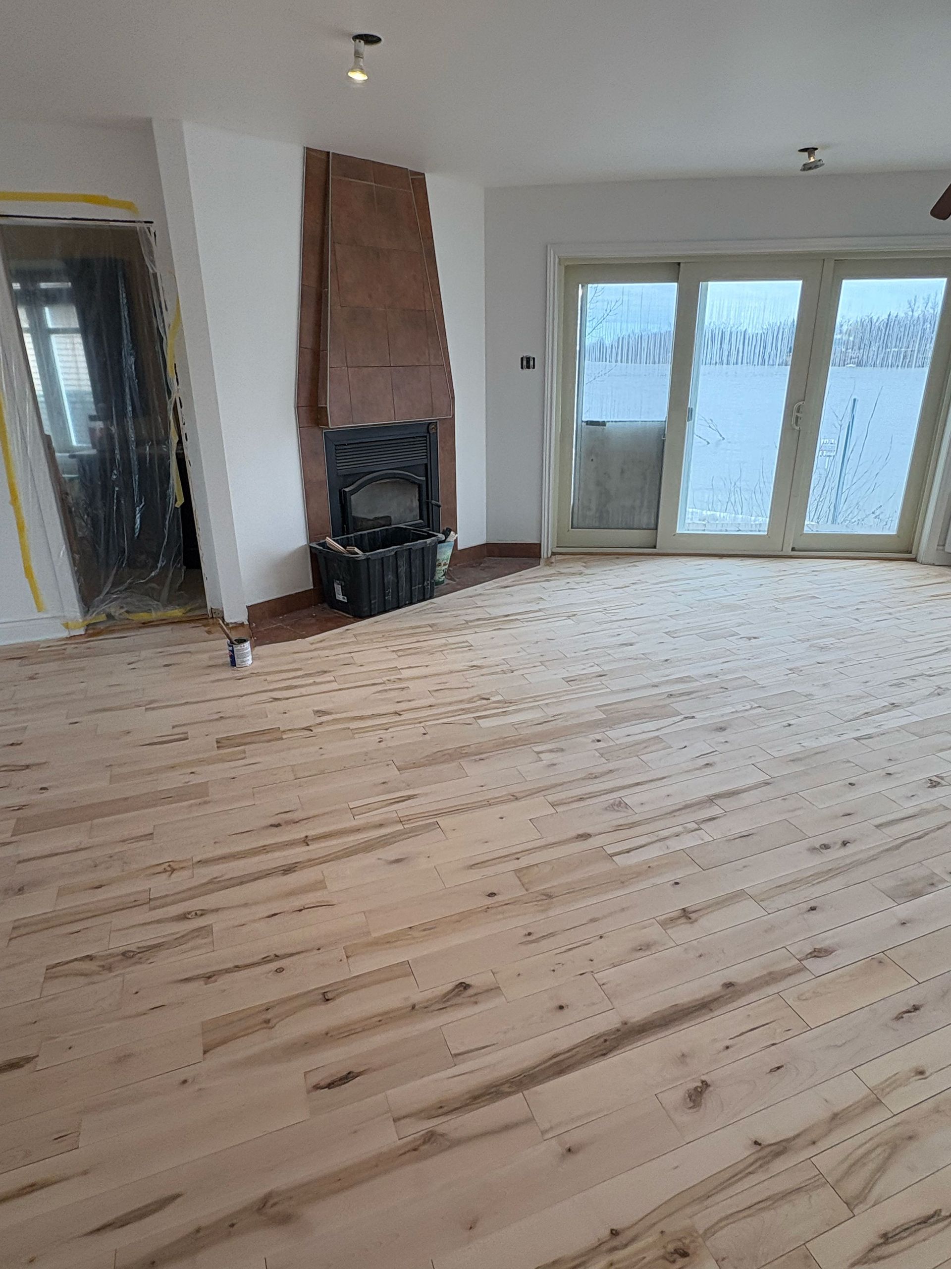 Un séjour avec un parquet et une cheminée.