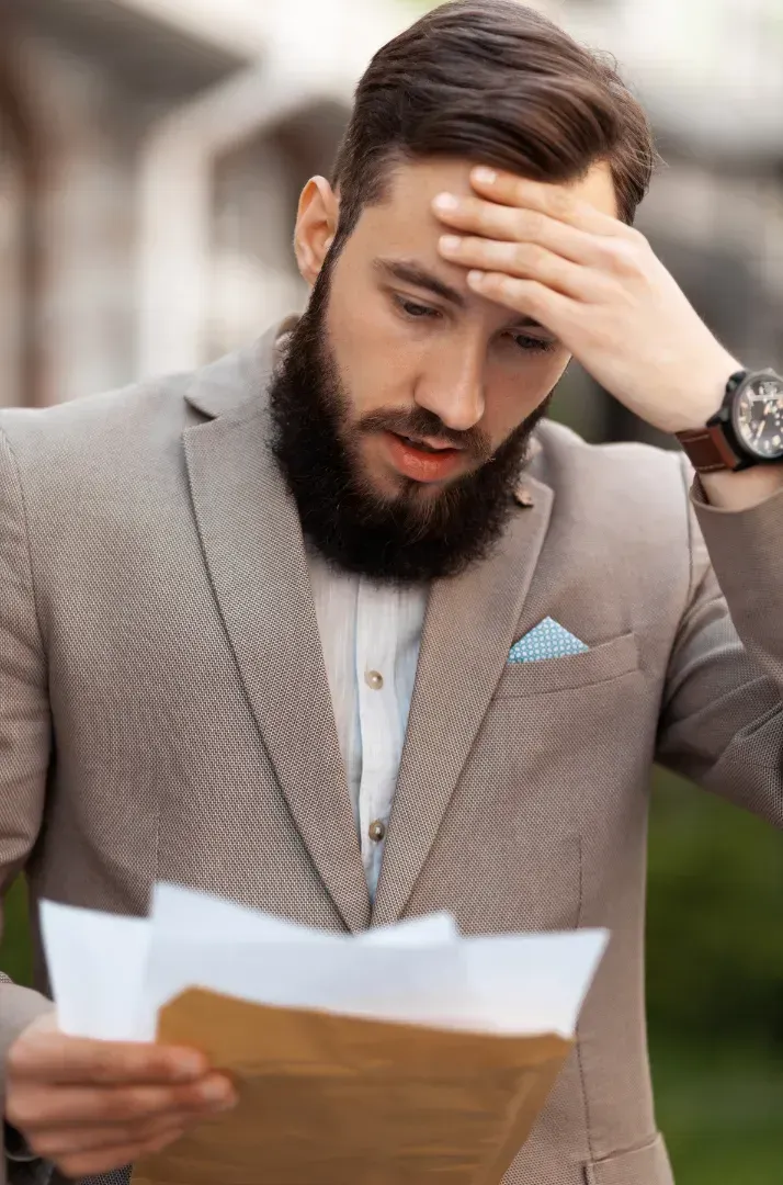 Man in tan suit with hand on forehead, looking at documents with a worried expression.