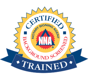 Certified Notary Signing Agent badge. Yellow, blue, and red colors. Says