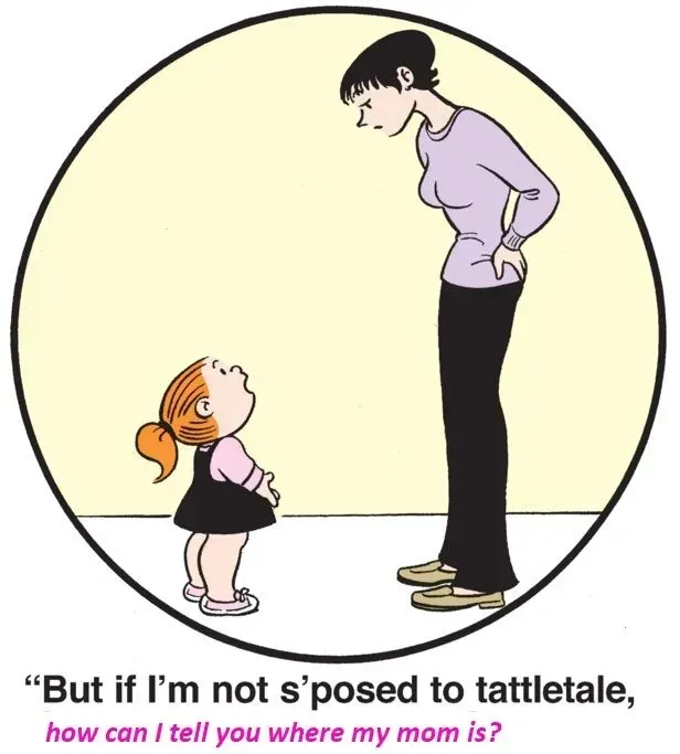 A small child looks up at an adult, asking where their mom is, while being told not to tattle.