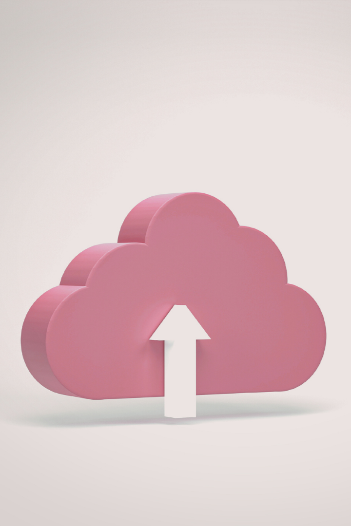 Pink cloud icon with white upward arrow, representing upload.