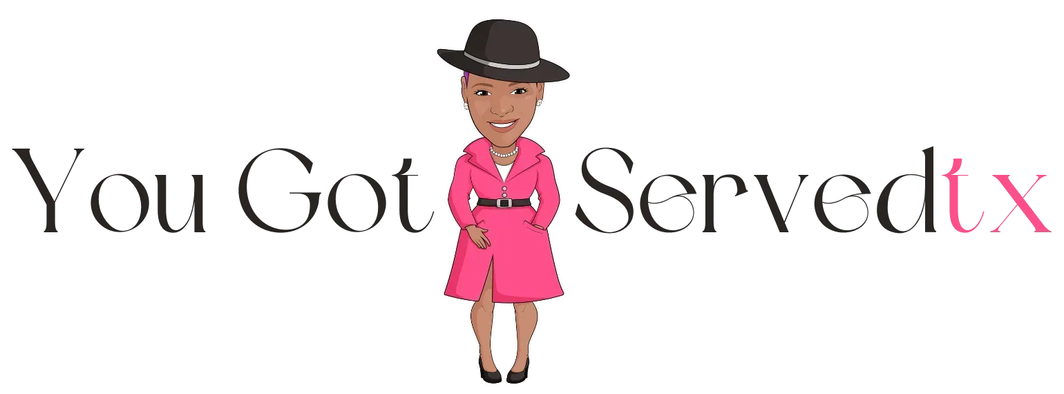 Text "You Got Served tx" with woman in pink coat and hat in the center.