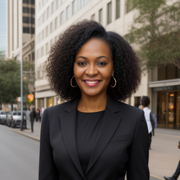 Woman in black suit smiles on city street.