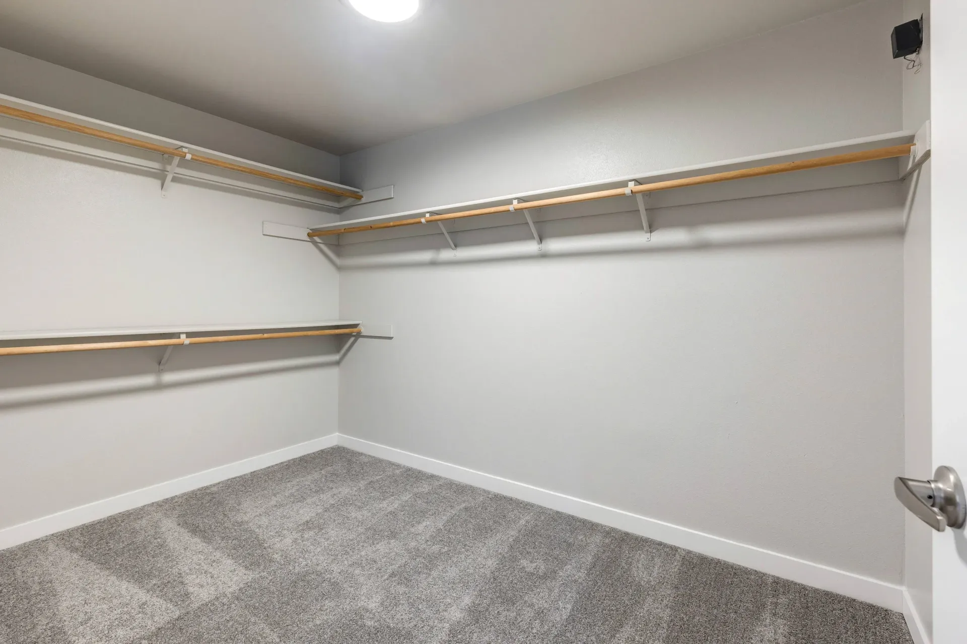 Walk-in closet with multiple hanging rods and shelves, carpeted floor.