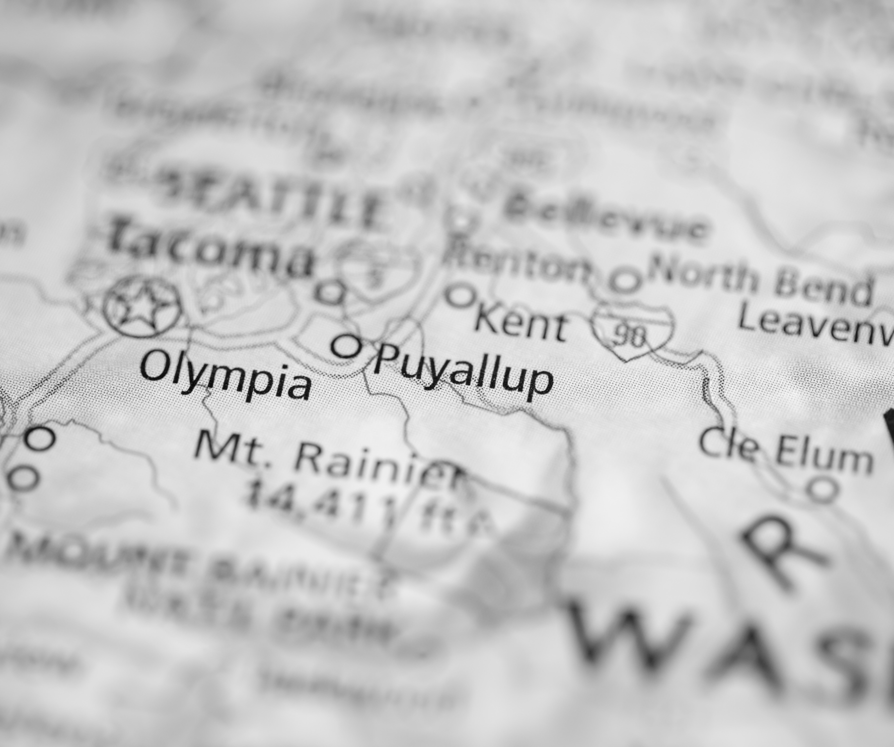 Map of Washington state with Seattle, Olympia, and Mount Rainier labeled.