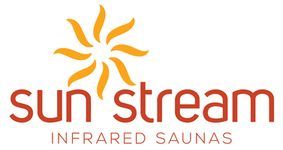 Logo for Sun Stream Infrared Saunas with an orange sun icon above the brown text 