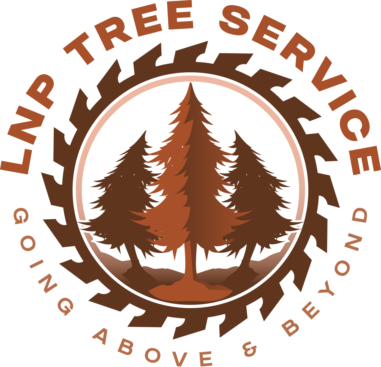 Logo for LN Property, LLC Tree Service: circular design with trees, surrounded by a saw blade in brown tones.