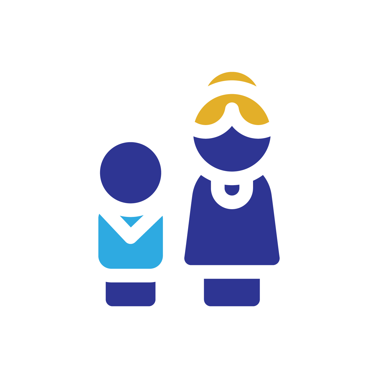 Child and adult figures in blue and yellow.