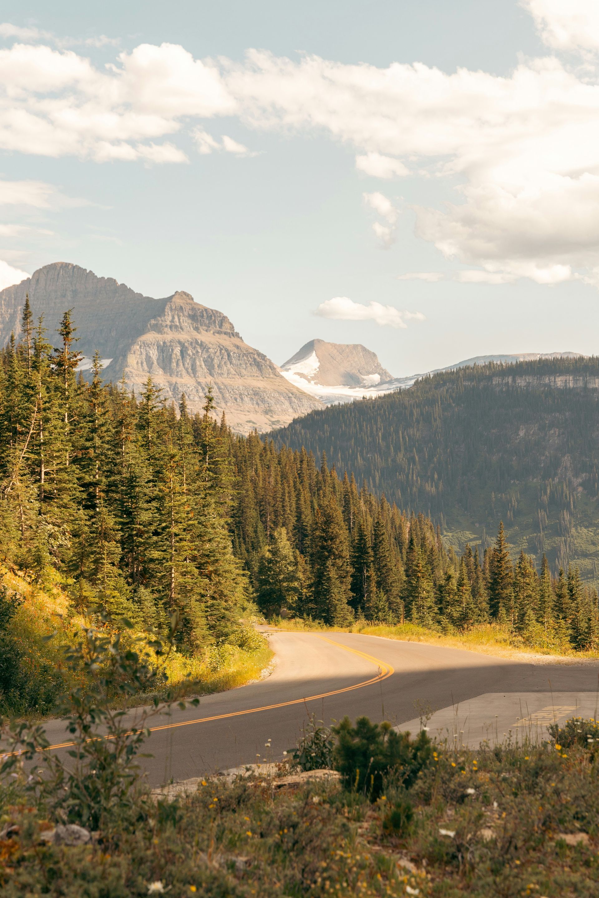 Winding mountain road through a forest with distant peaks under a partly cloudy sky.