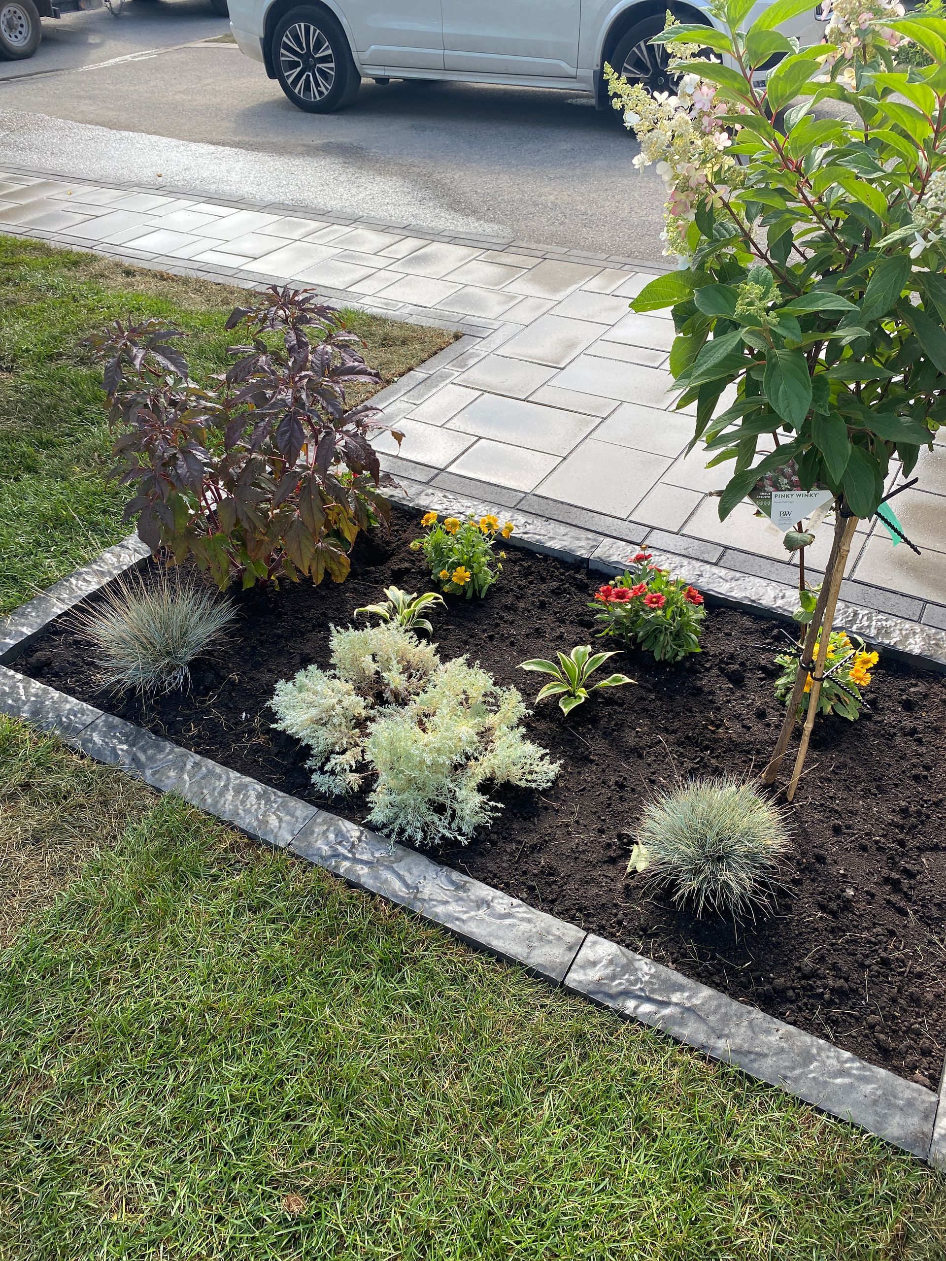 a white car is parked in front of a flower bed