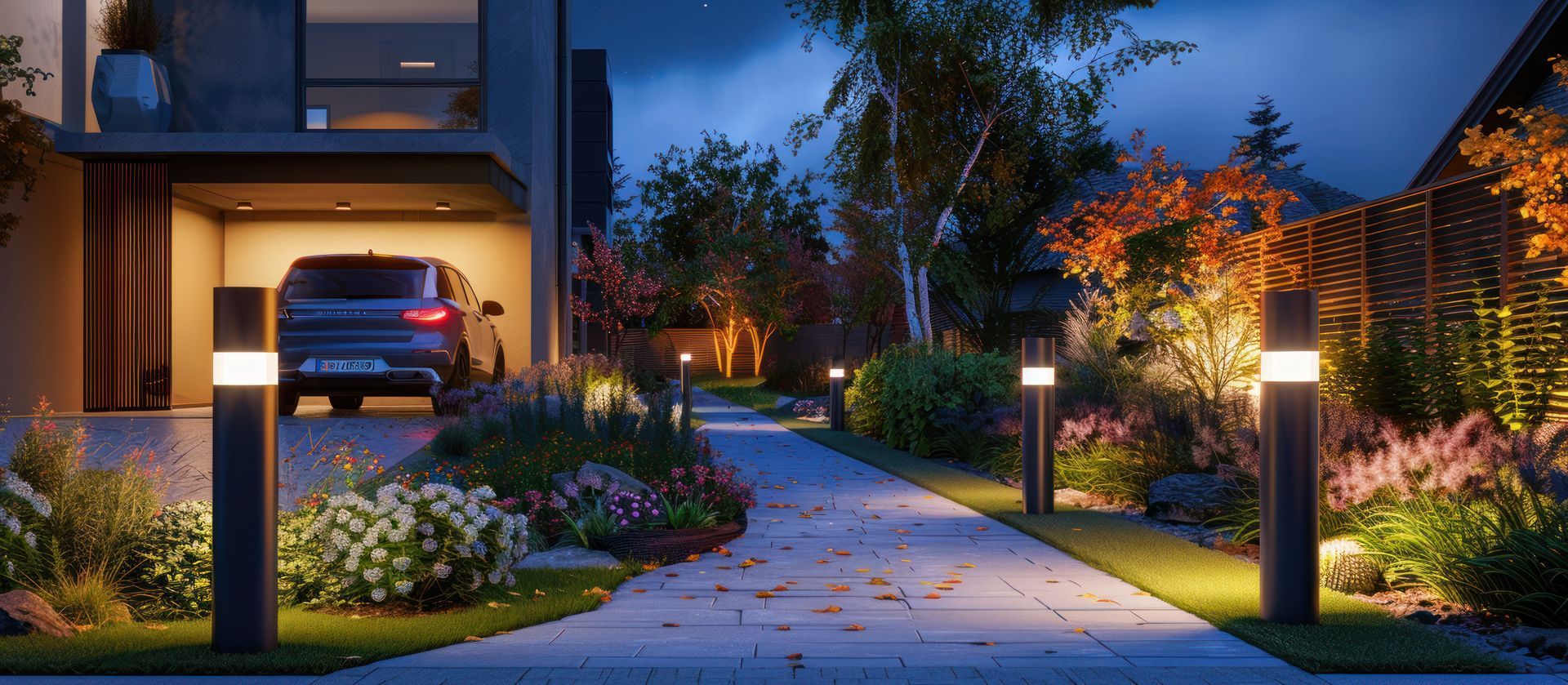 A car is parked in the driveway of a house at night.