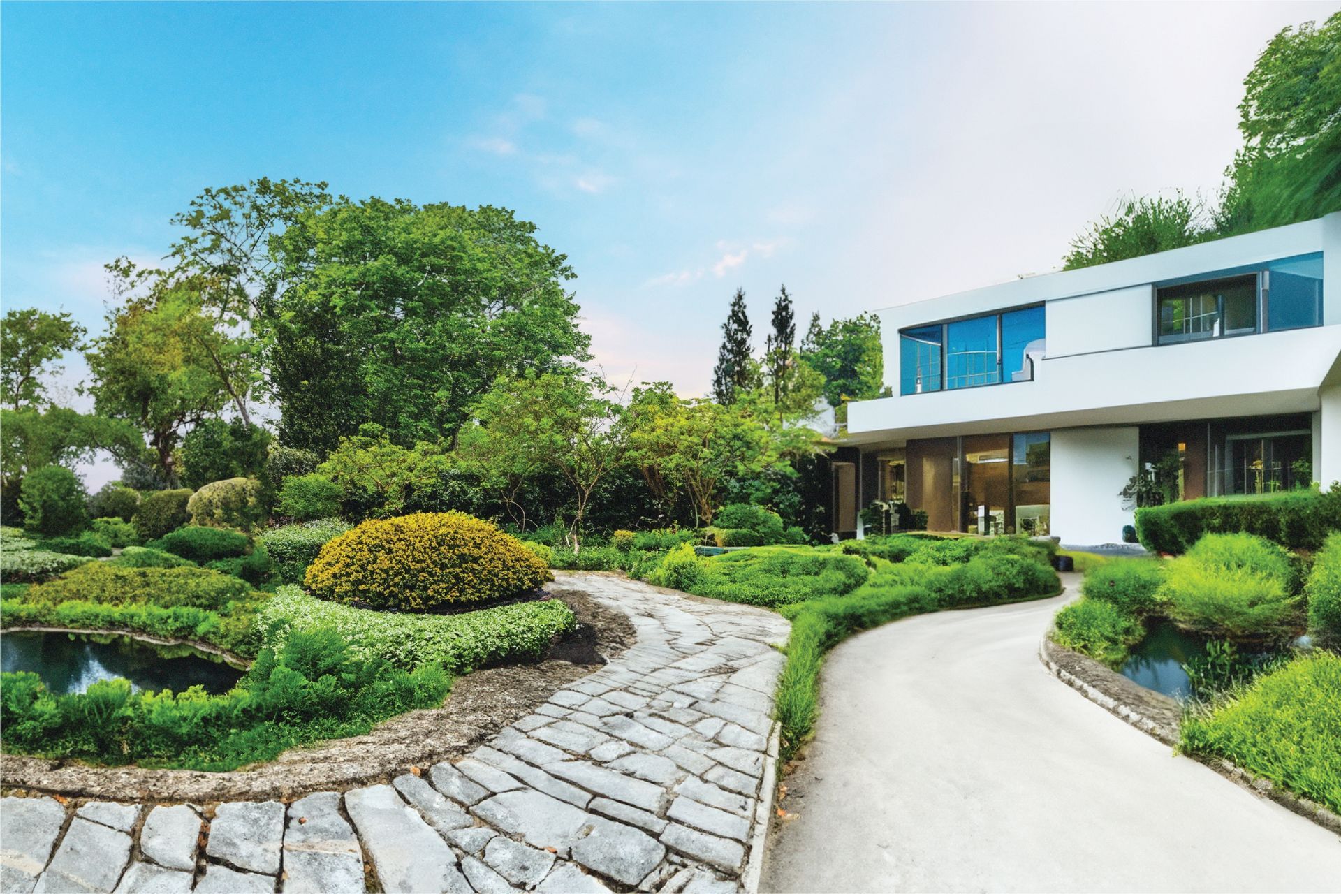 A large white house is surrounded by a lush green garden.