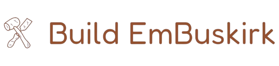 Logo reading &ldquo;Build EmBuskirk&rdquo; with a small crossed tools icon on the left, in brown text on a light background