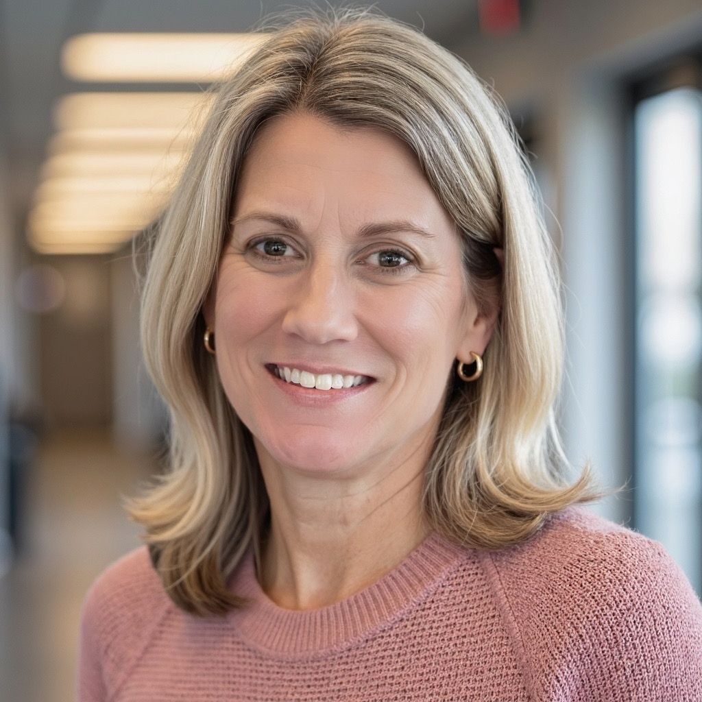 A woman wearing a black sweater and a red shirt is smiling for the camera.