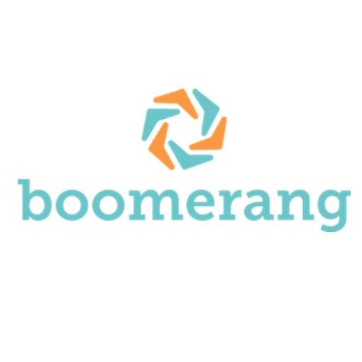 A blue and orange logo for boomerang with arrows in a circle