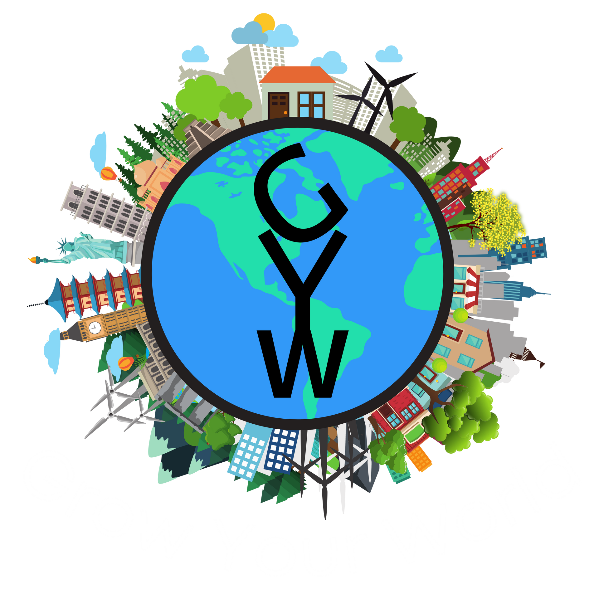 A drawing of a globe with buildings and trees around it