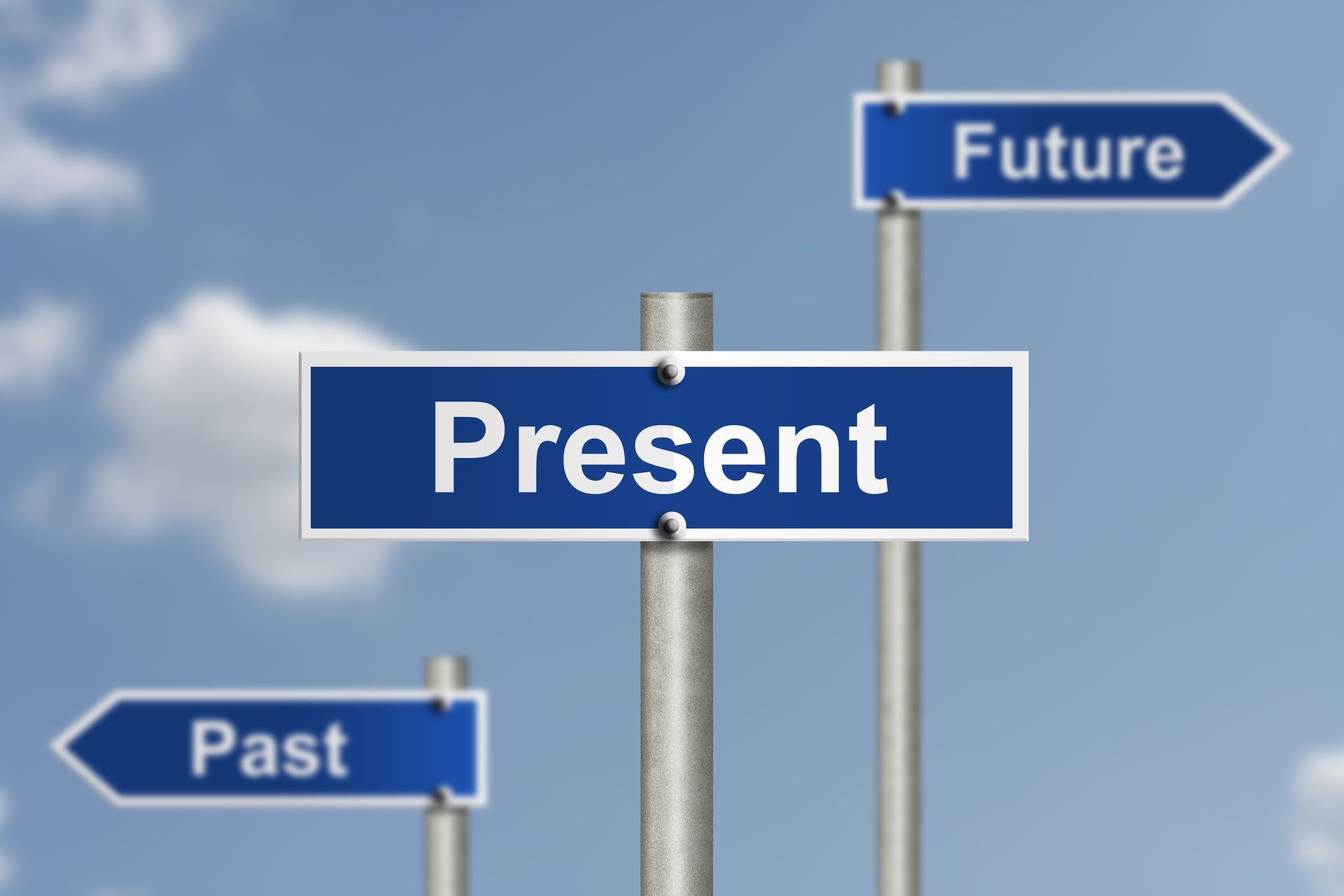 Blue street signs pointing to past present and future