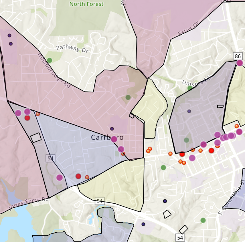A map of downtown Chapel Hill and Carrboro
