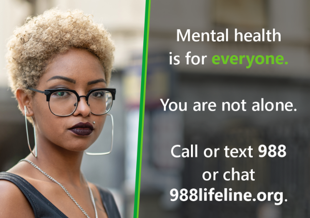 An advertisement for mental health awareness shows a woman looking at her phone