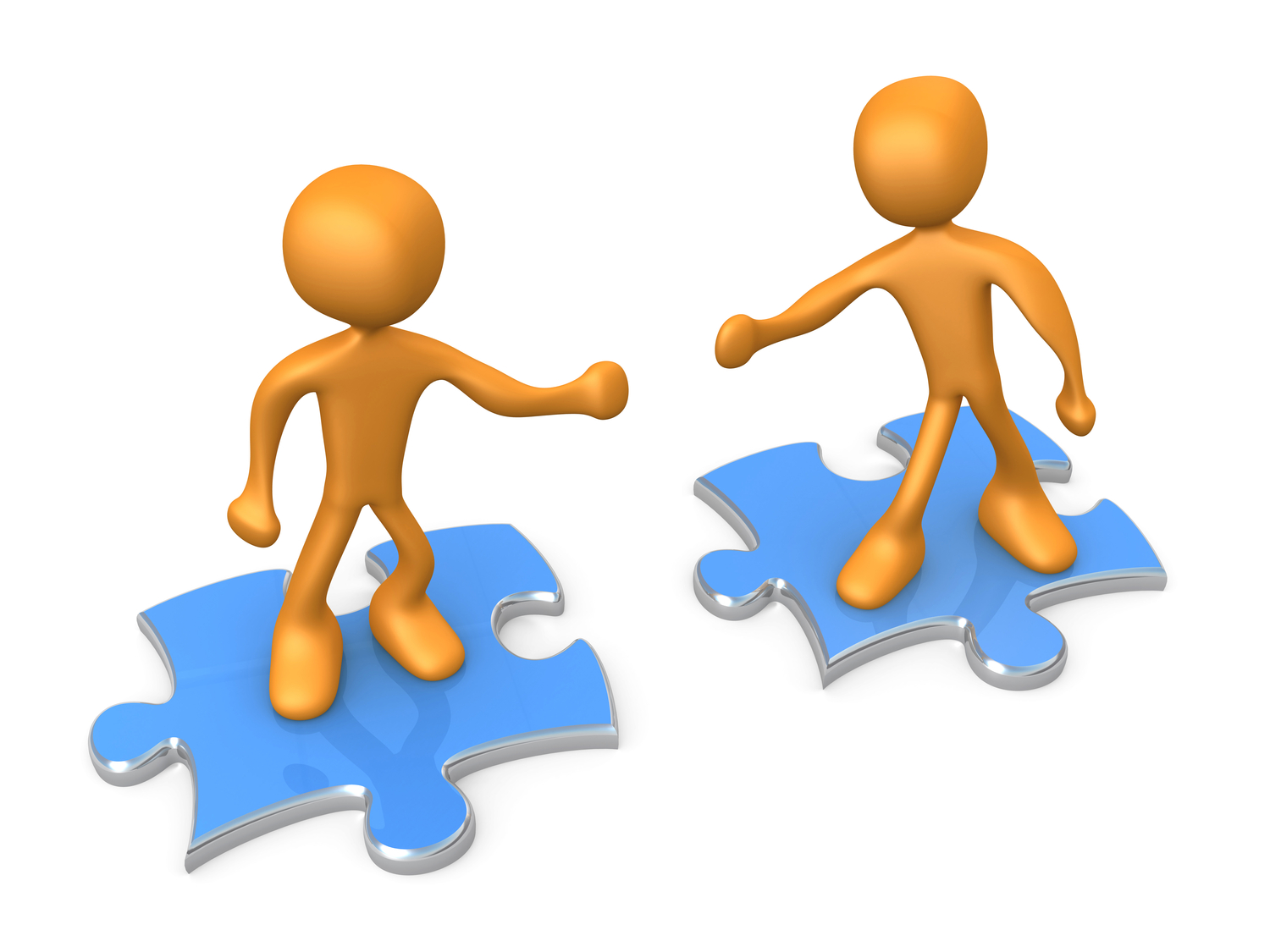 Two orange figures standing on blue puzzle pieces