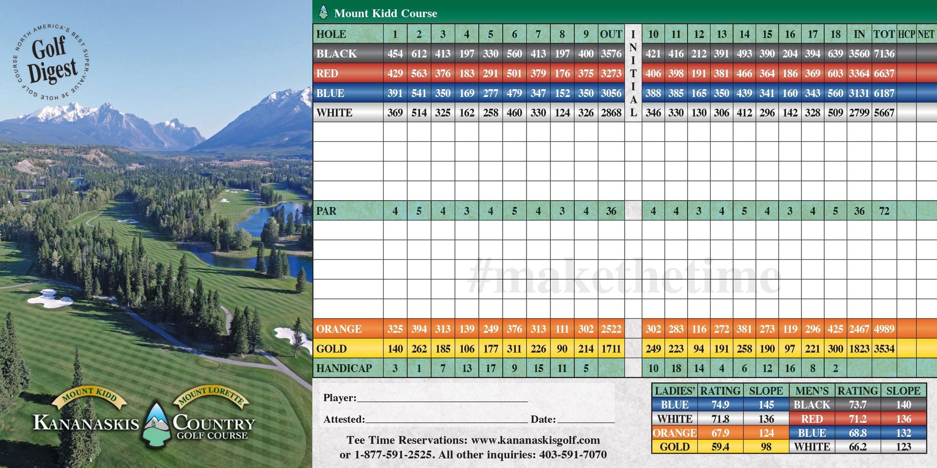 A scorecard for a golf course with mountains in the background