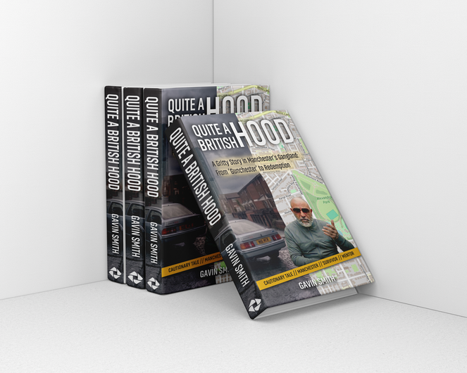 Three black books and one leaning book cover with a man in sunglasses on a white background.