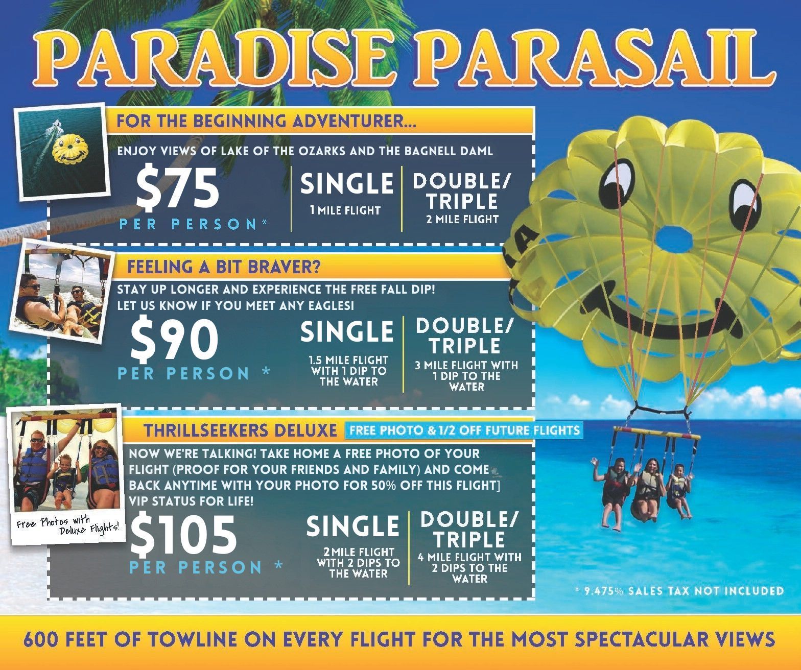 Paradise Parasail brochure with prices, parasailing options, and ocean views with riders and parachute