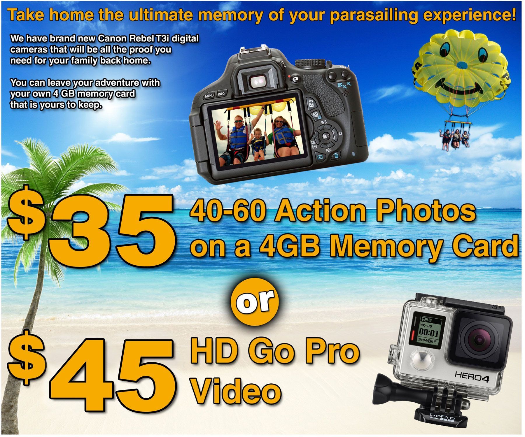 Paragliding photo package ad: $35 for 40–60 action photos or $45 for HD GoPro video