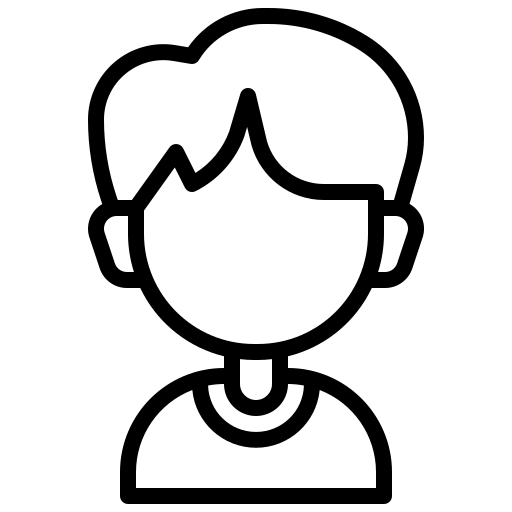 Black outline icon of a person with short hair and a shirt on a white background