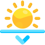 Bright yellow sun icon with rays above a blue horizontal line and downward blue arrow