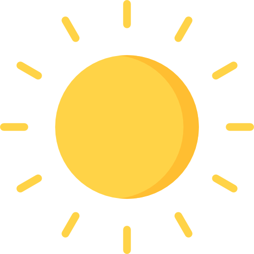 Bright yellow sun icon with short rays on a white background