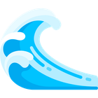 Blue ocean wave icon with white foam and curved splash lines