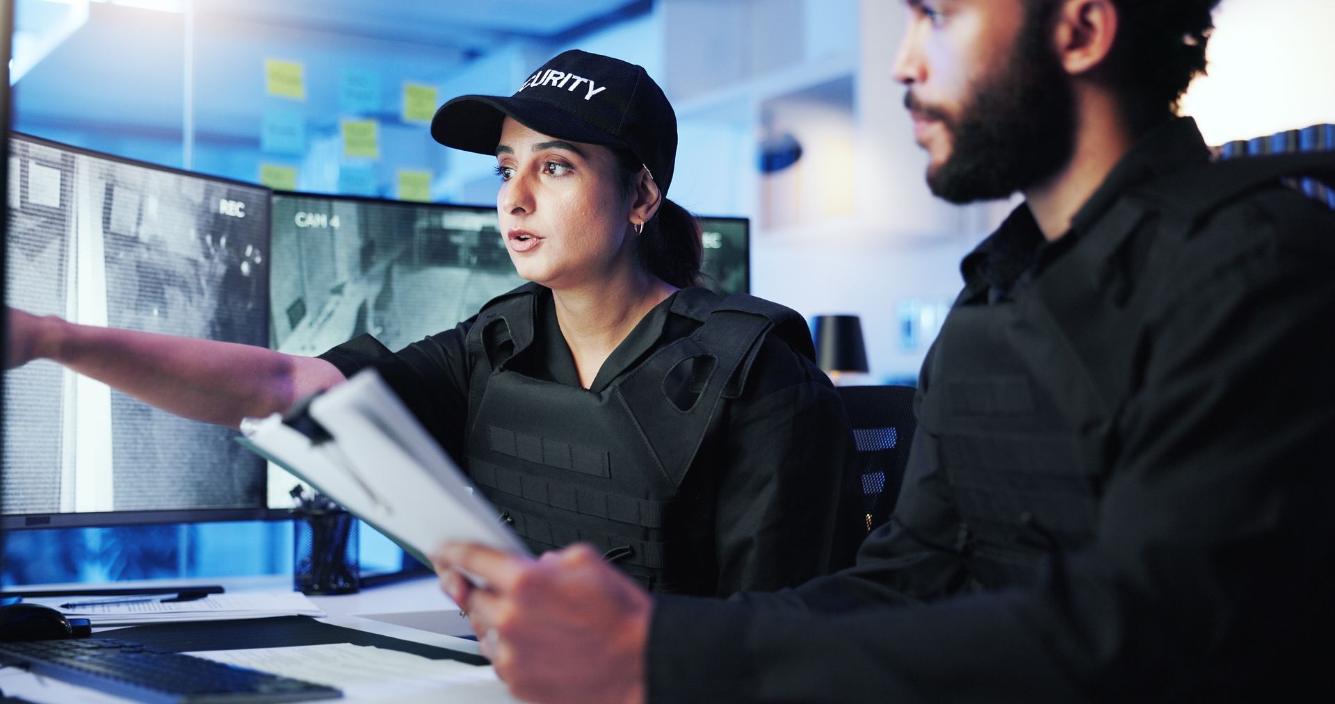 Two security guards monitoring surveillance footage on computer screens in a control room.