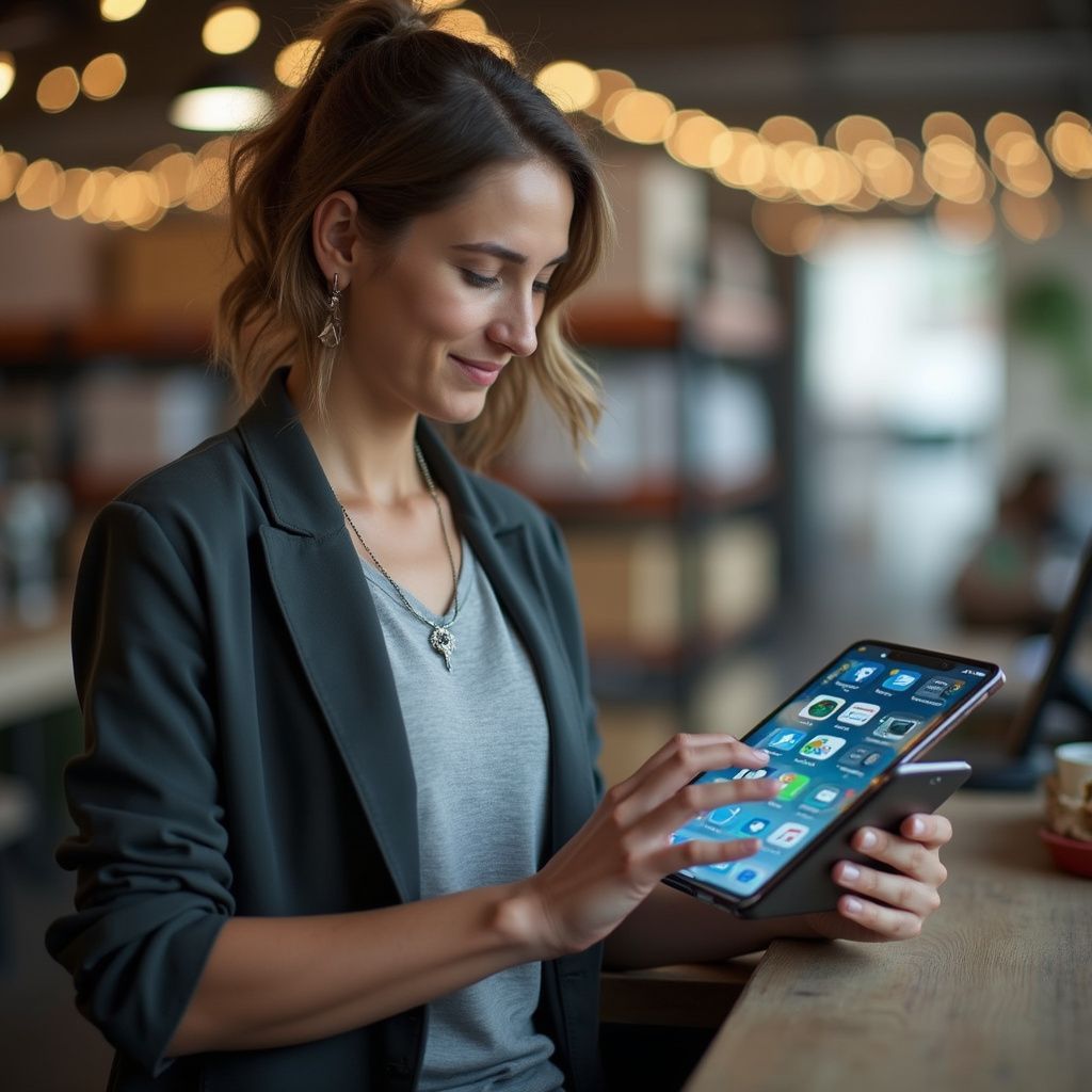 Woman in blazer using a tablet, smiling, in a cafe.