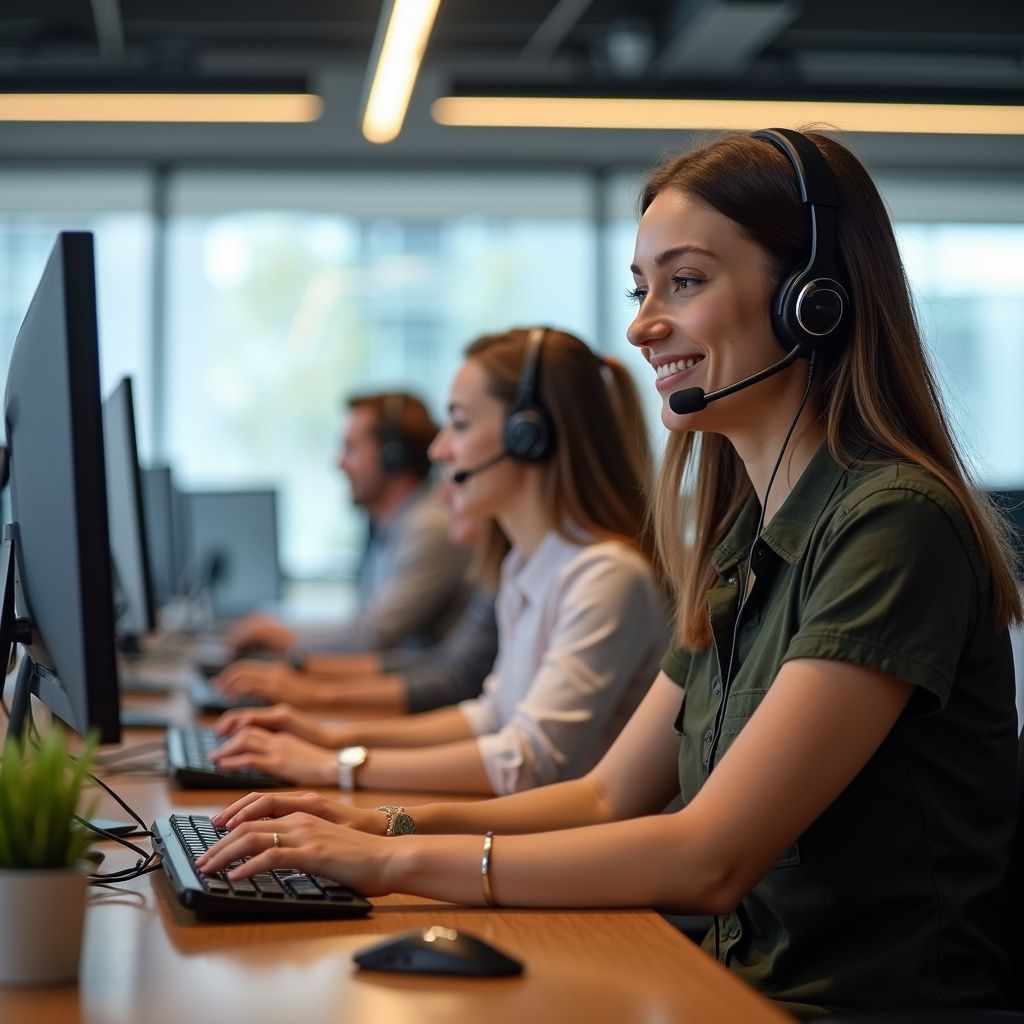 Smiling woman wearing headset, typing at computer in office; coworkers also on headsets, using computers.