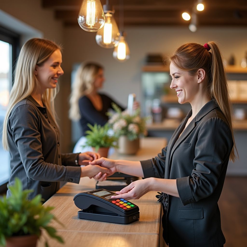 Two women shake hands at a checkout counter; one smiles, paying with a card.