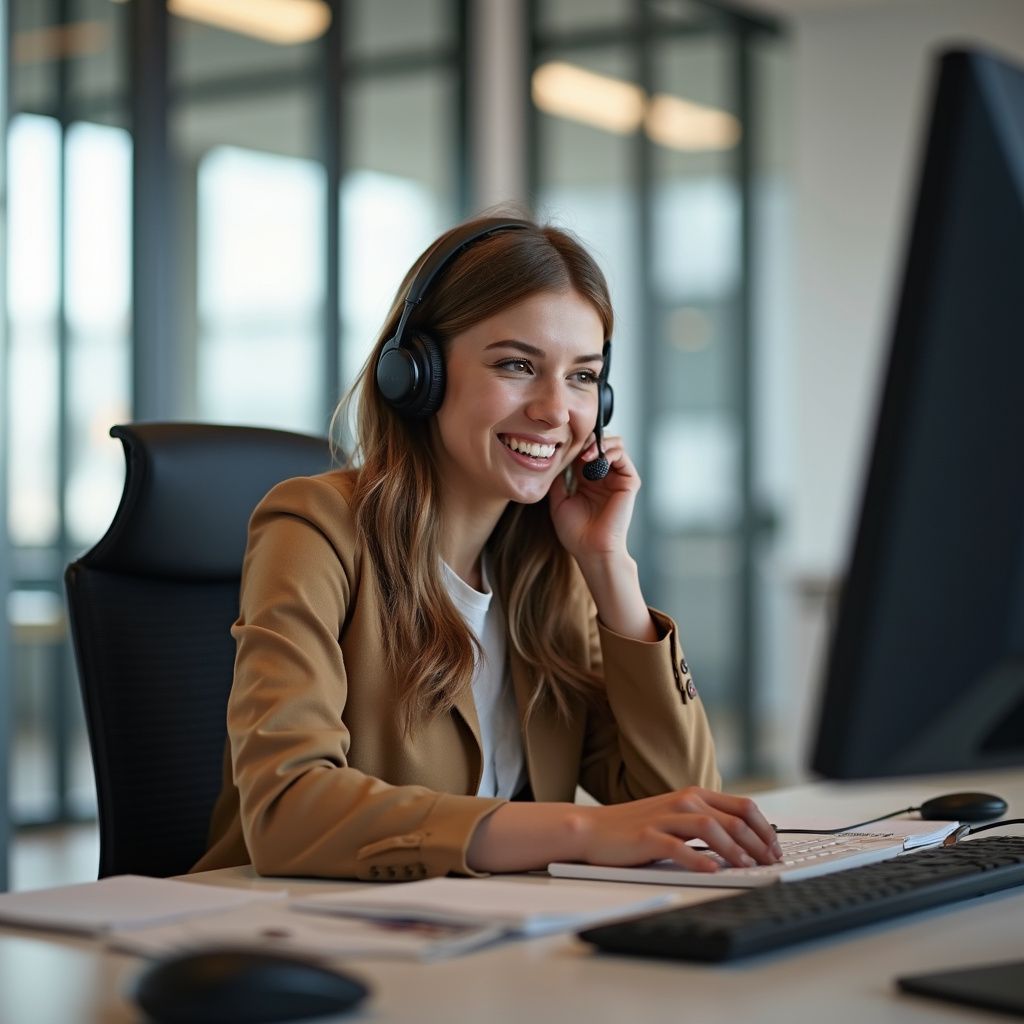 Woman in a tan blazer wearing a headset, smiling, working at a computer in an office.