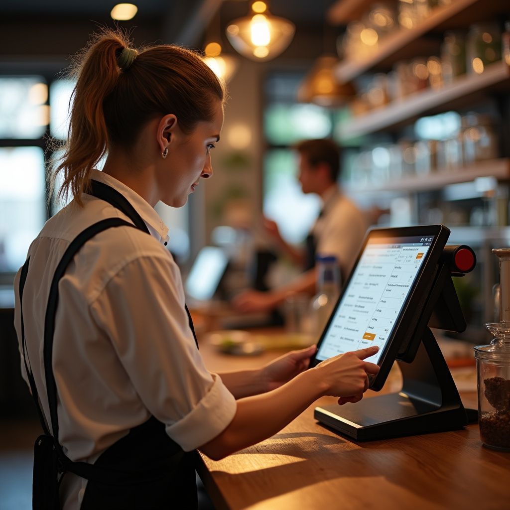 Woman in an apron using a touchscreen point-of-sale system at a restaurant counter.